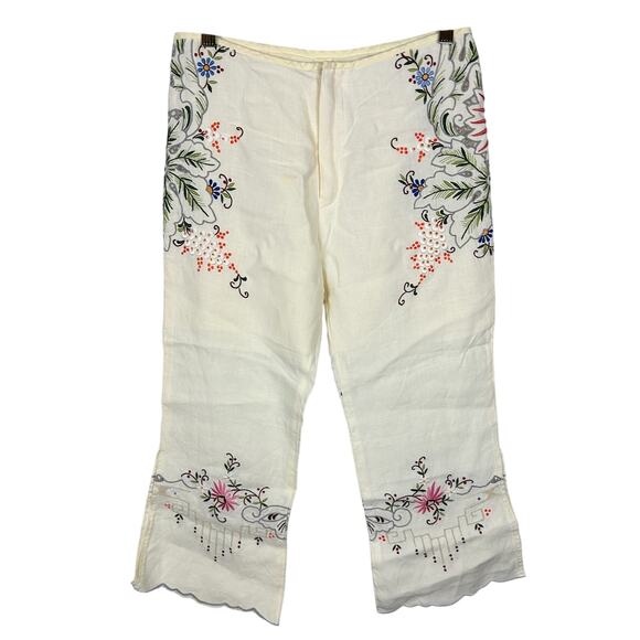 Vintage 1960s White Linen Floral Embroidered Cropped Capri Pants XS - Picture 1 of 6